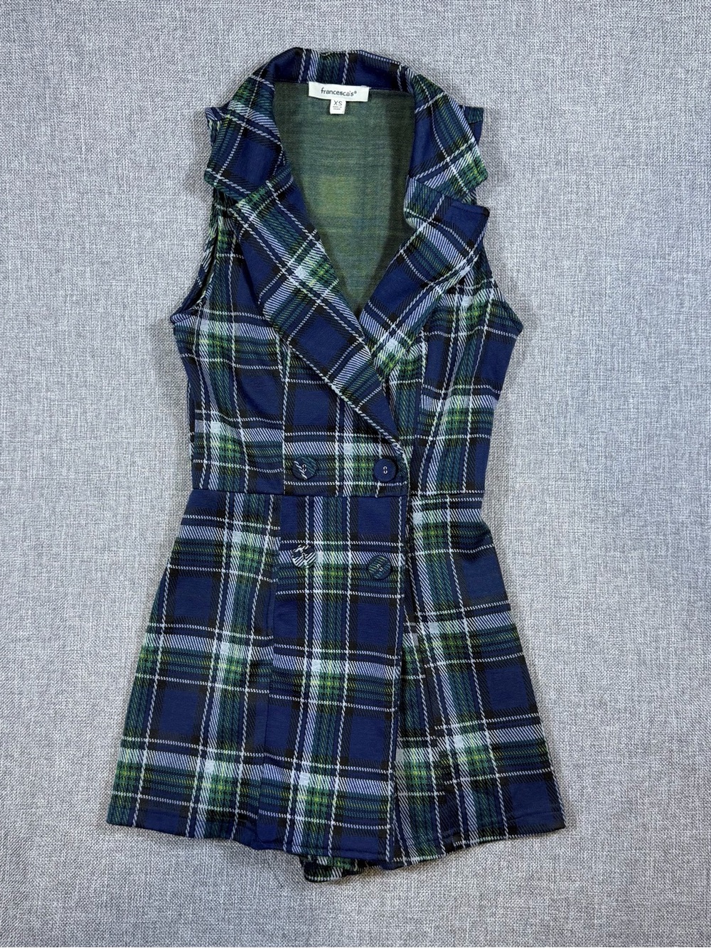Francesca's Collections Navy and Green Plaid Sleeveless Blazer romper